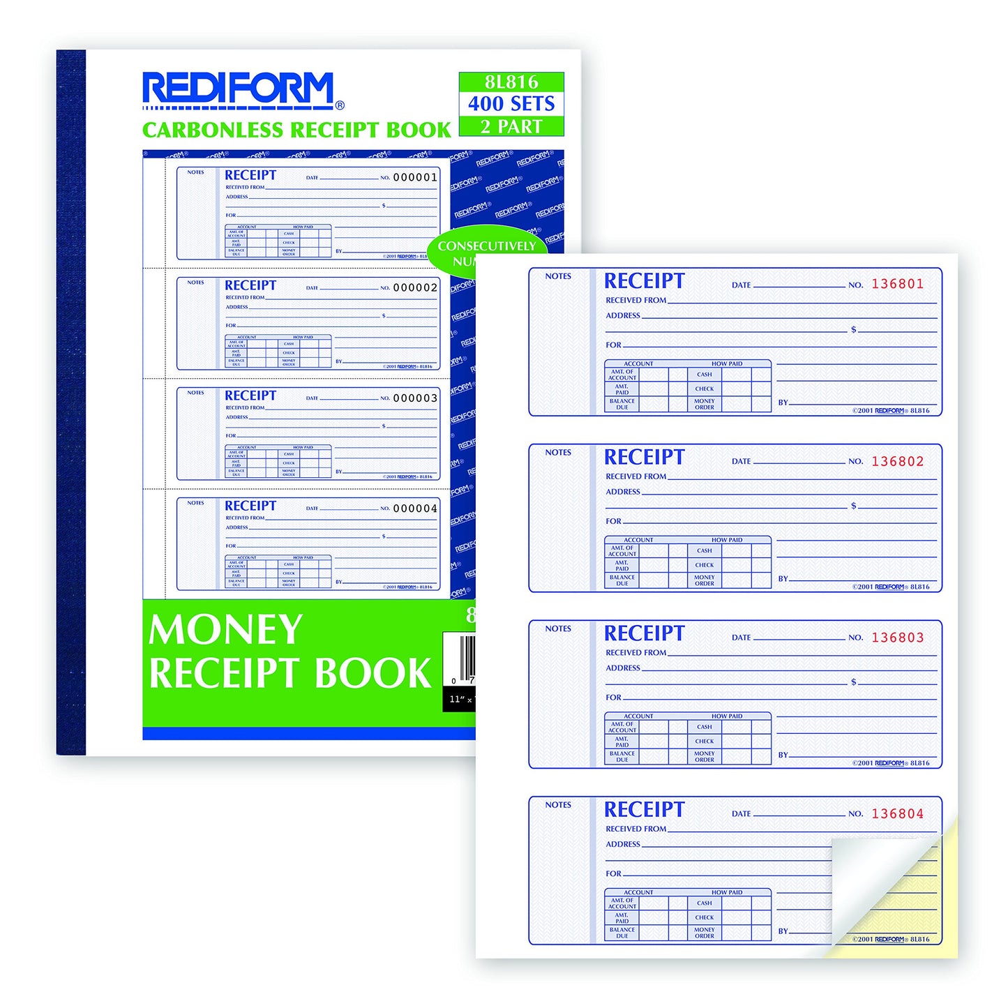 Rediform® Money Receipt Book, Carbonless, 400 Numbered Duplicates, 4/Page, 11" x 7.625" (RED8L816) (8L816)