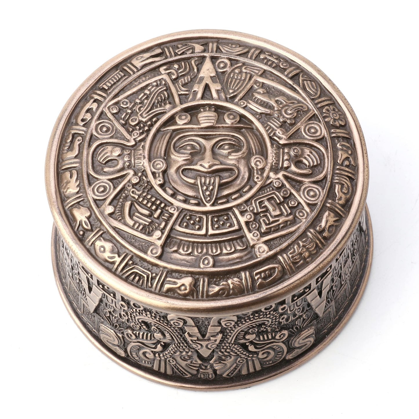 Veronese Design 2 3/8" Tall Aztec Sun Stone Round Trinket Box Antique Bronze Finish Resin Sculpture