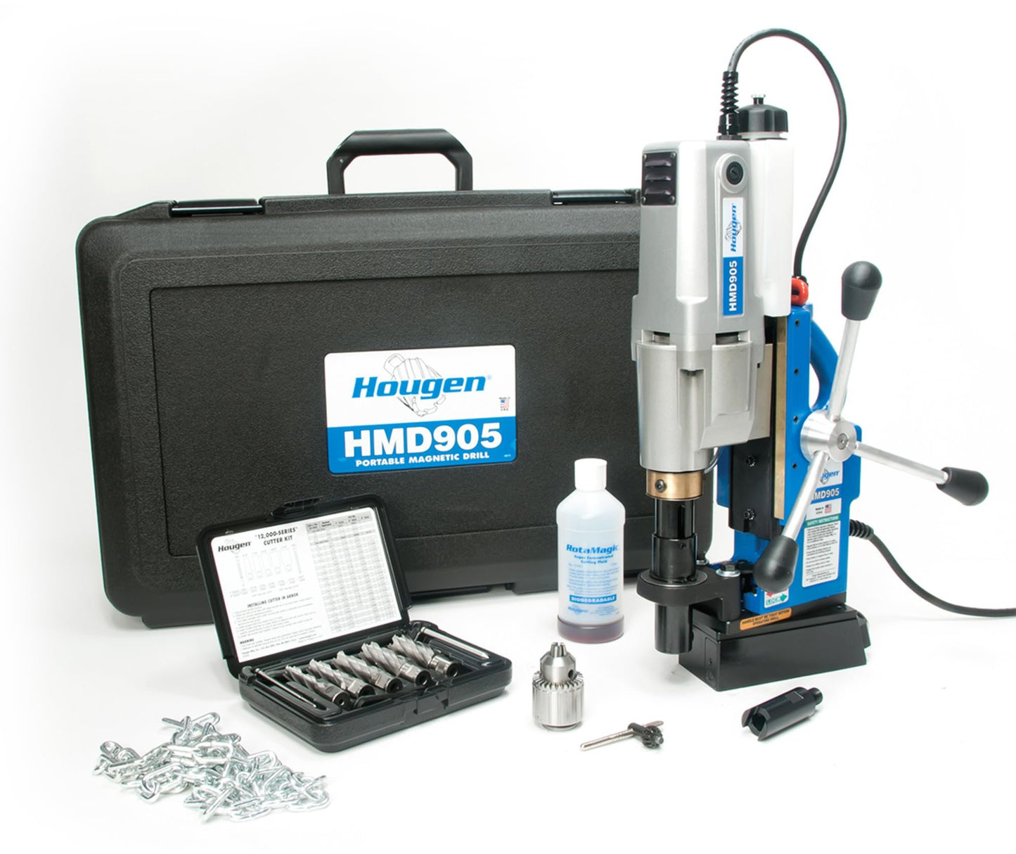 Hougen HMD905S 115-Volt Swivel Base Magnetic Drill with Coolant Bottle Plus 1/2" Drill Chuck, Adapter and 12002 Rotabroach Cutter Kit