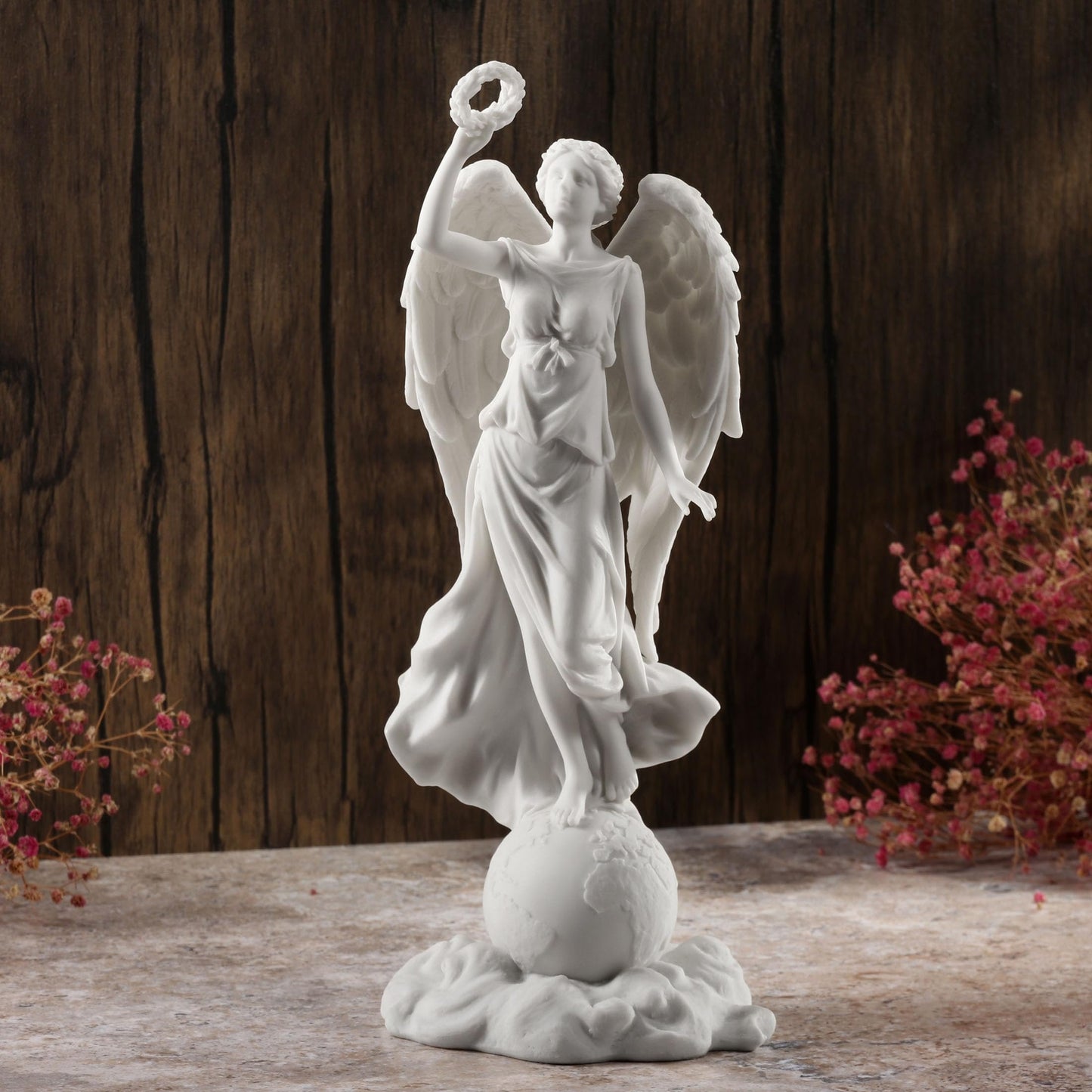 Veronese Design 11 3/8 Inch Angel Holding Wreath Standing On Globe Resin Sculpture Marble White Finish
