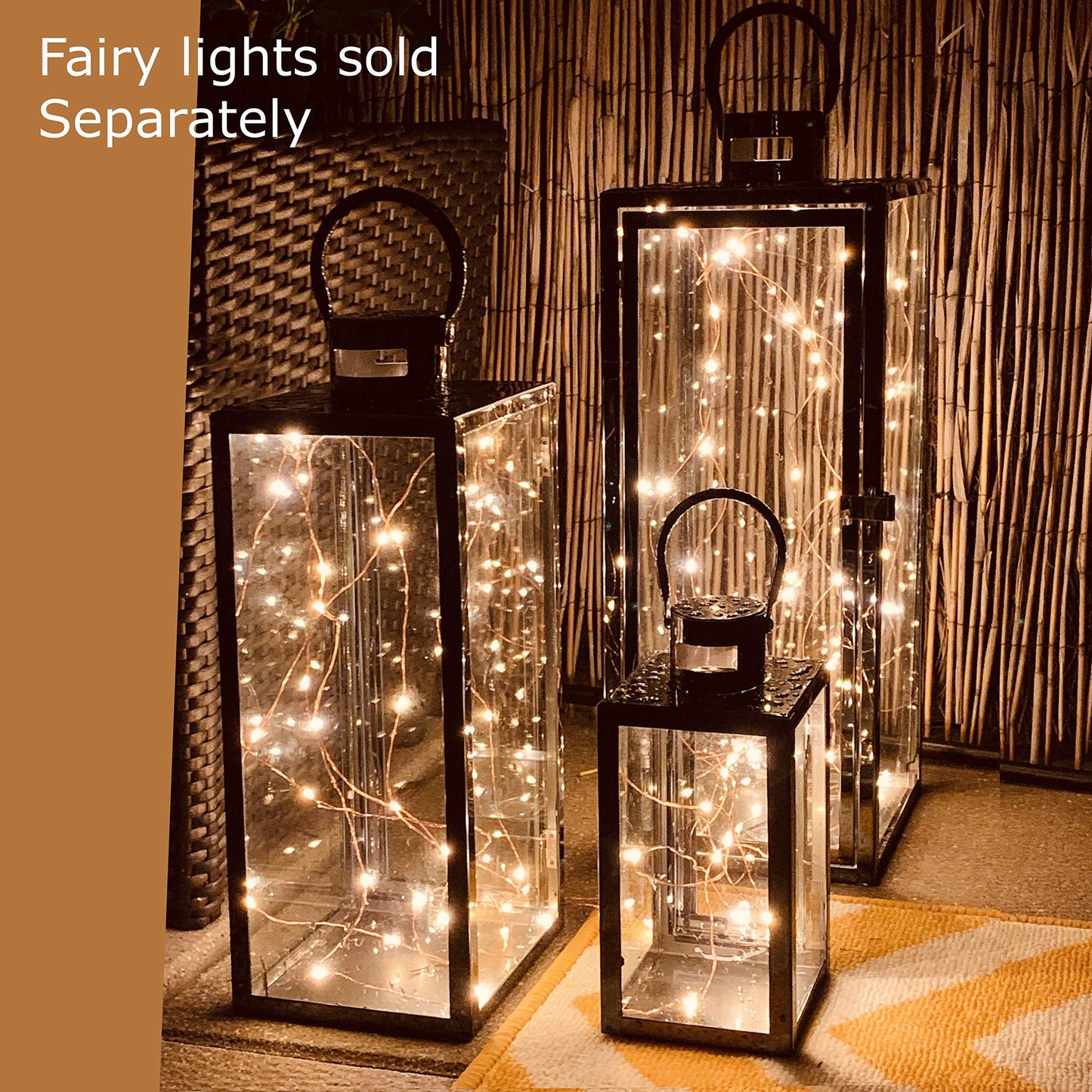 Allgala Lantern Set 3-PC Jumbo Deluxe Modern Indoor/Outdoor Candle Lantern Set with Chrome Plated Structure and Tempered Glass for Garden Poolside Fireplace Wedding