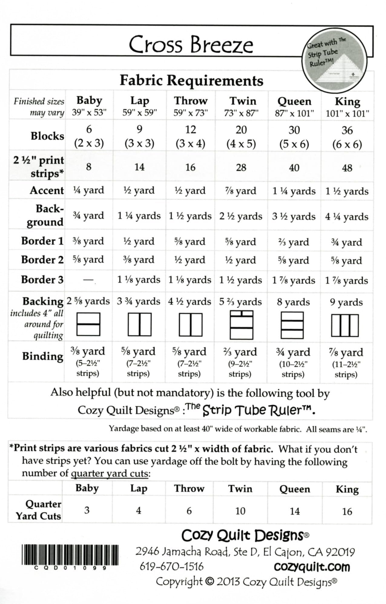 Pattern,Quilt,Cross Breeze, multi sizes, by Cozy Quilt Designs, 2 1/2" Strips, Jelly Roll,
