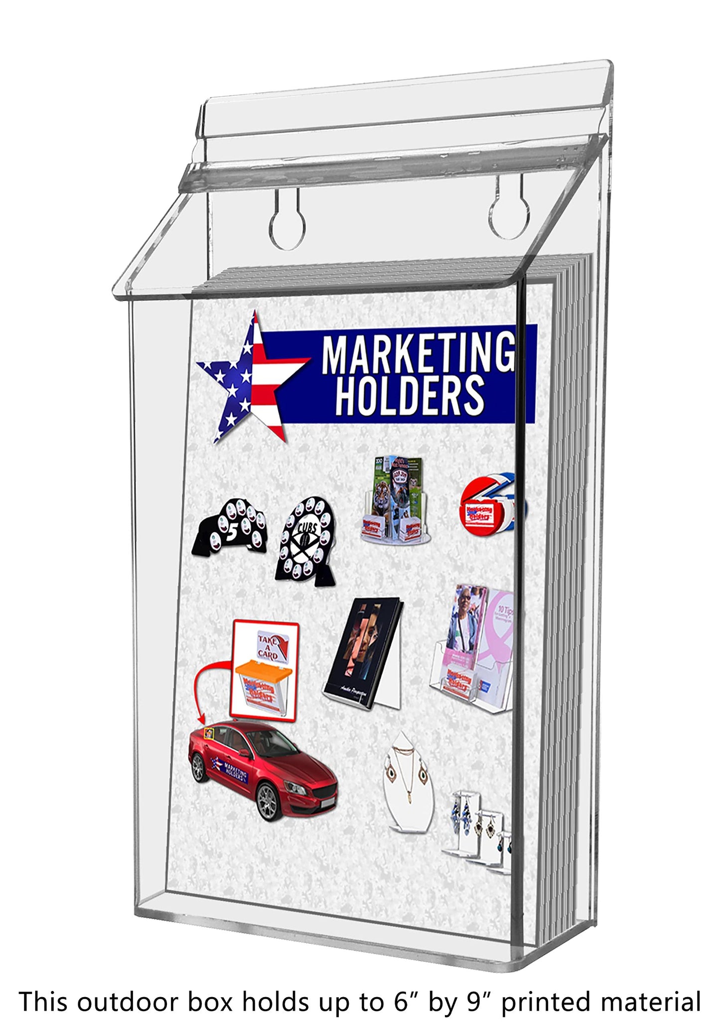 Marketing Holders Outdoor Brochure Holder Holds 6" x 9" Advertising Bifolds Clear Acrylic Wall Mounted Box with Lid Includes Adhesive Strips and Take One Sticker