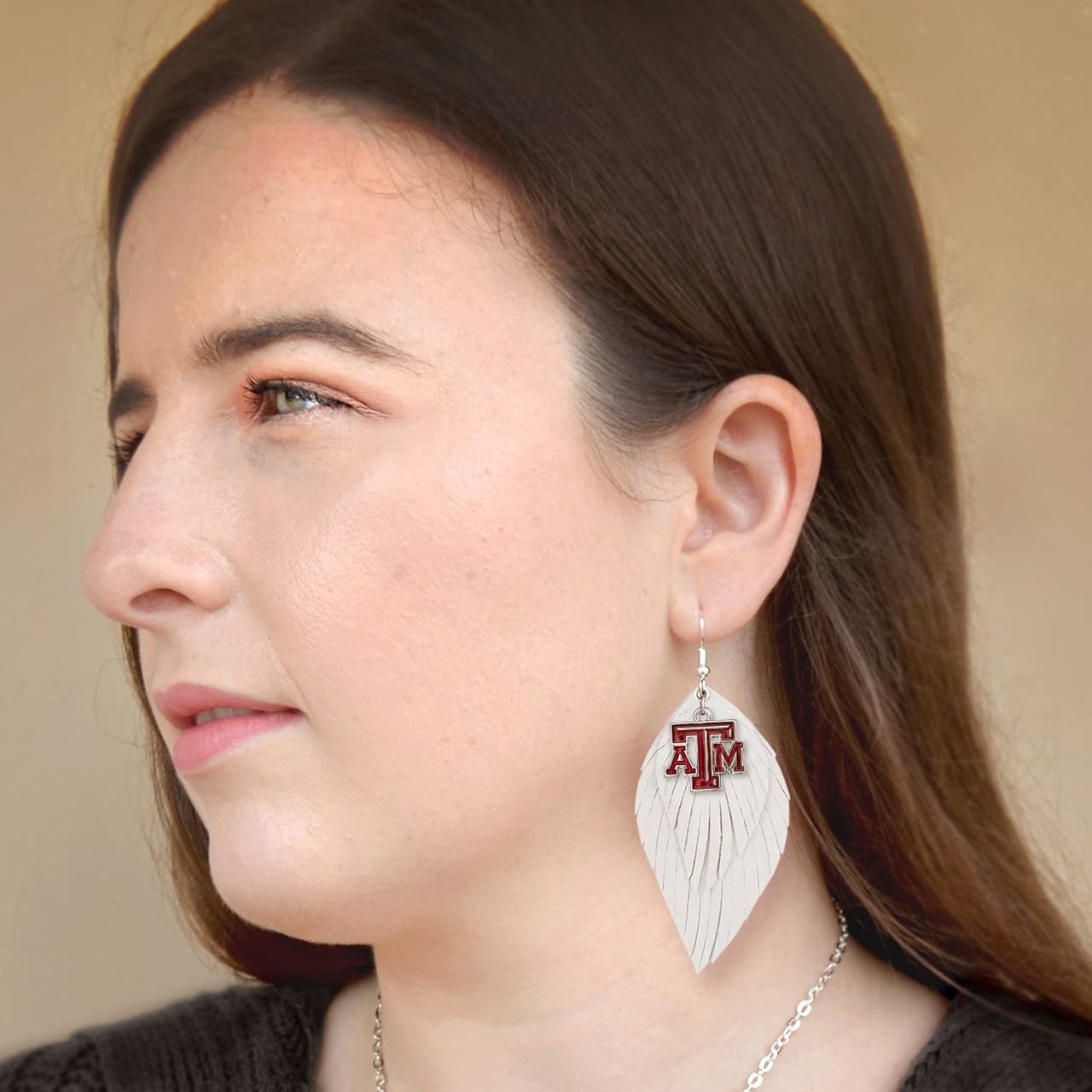 Texas A&M Aggies White Maroon Boho Leather Feather Wire Earrings Jewelry TAM