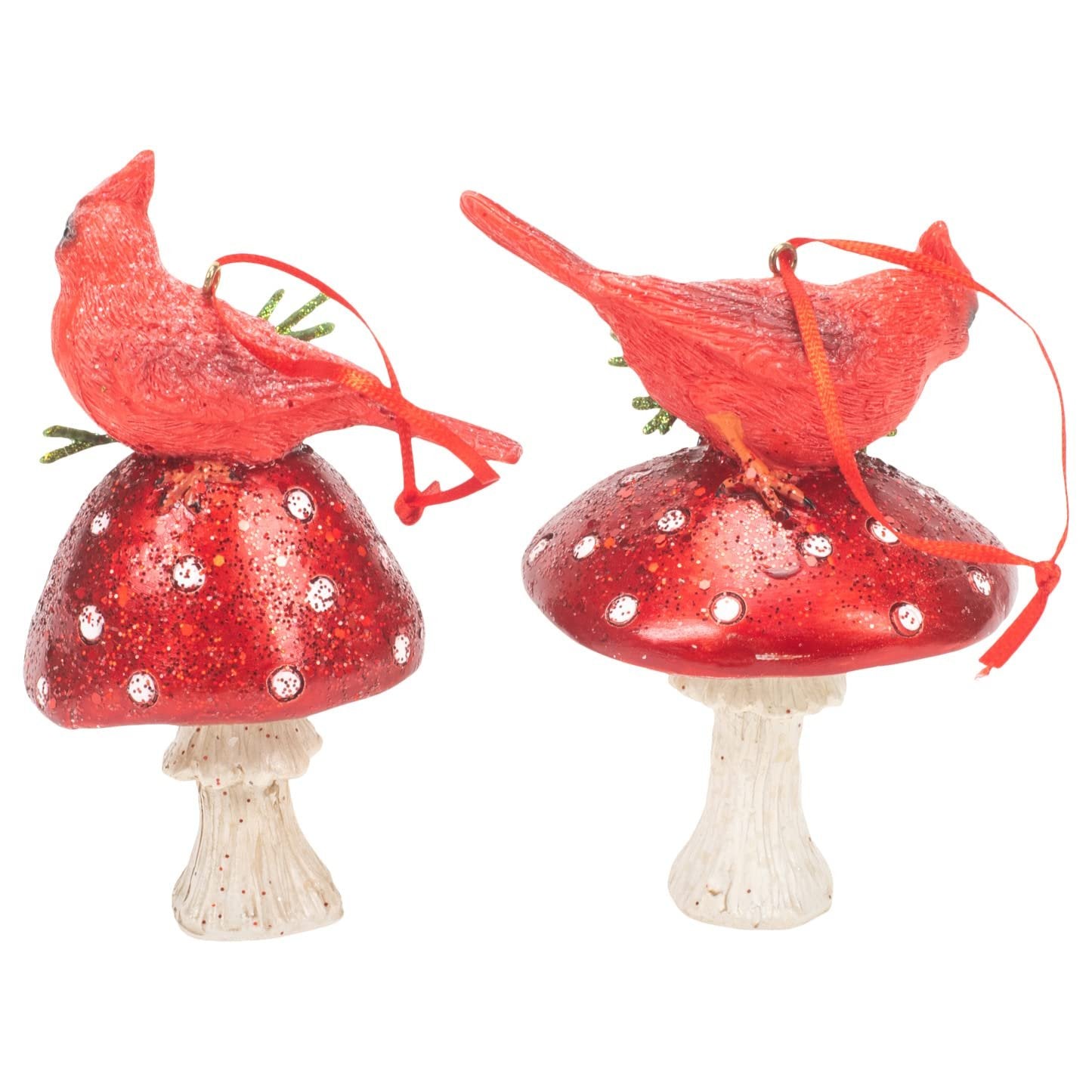 Kurt Adler Holiday Cardinal on Forest Mushroom Ornament, Set of 2