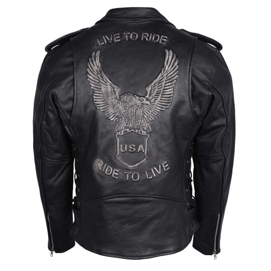 Men's Silver Eagle Embossed Live To Ride - Ride To Live Classic Black Leather Motorcycle Biker Jacket (Silver, 56)
