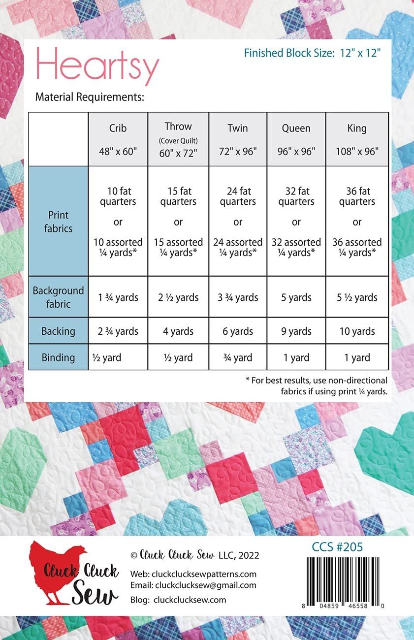Heartsy Quilt Pattern, 12" Finished Blocks, Fat Quarter Friendly, Finish Quilt Size: 5 Options from Crib to King, by Cluck Cluck Sew