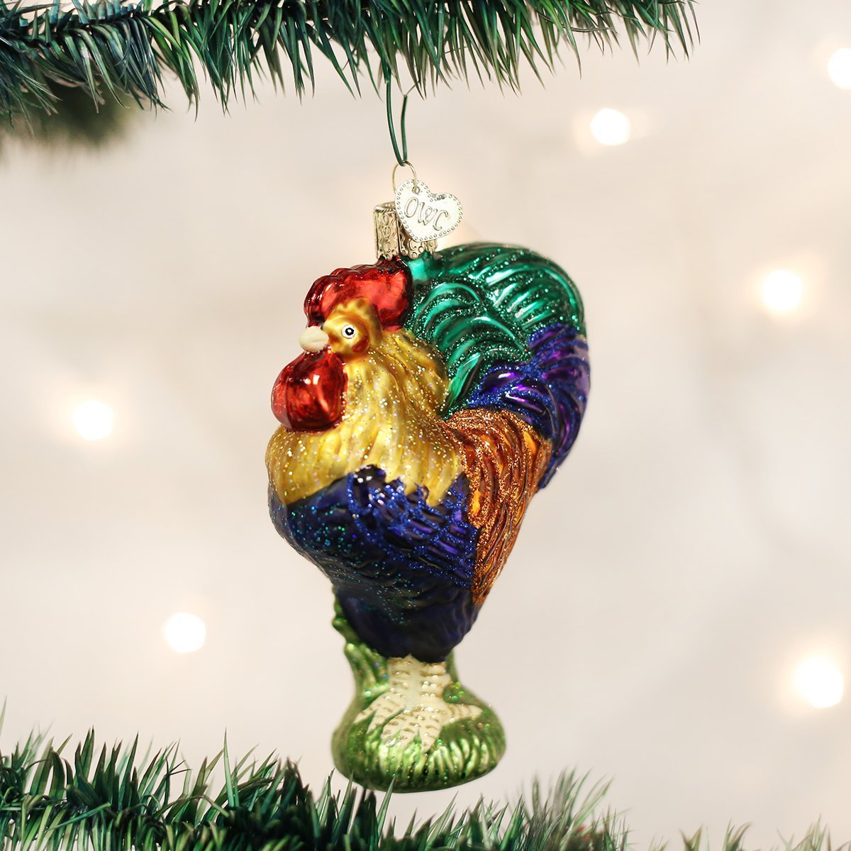 Old World Christmas Heirloom Rooster Glass Blown Ornament for Christmas Tree, Handcrafted Holiday Decoration, Farm Animal Collection
