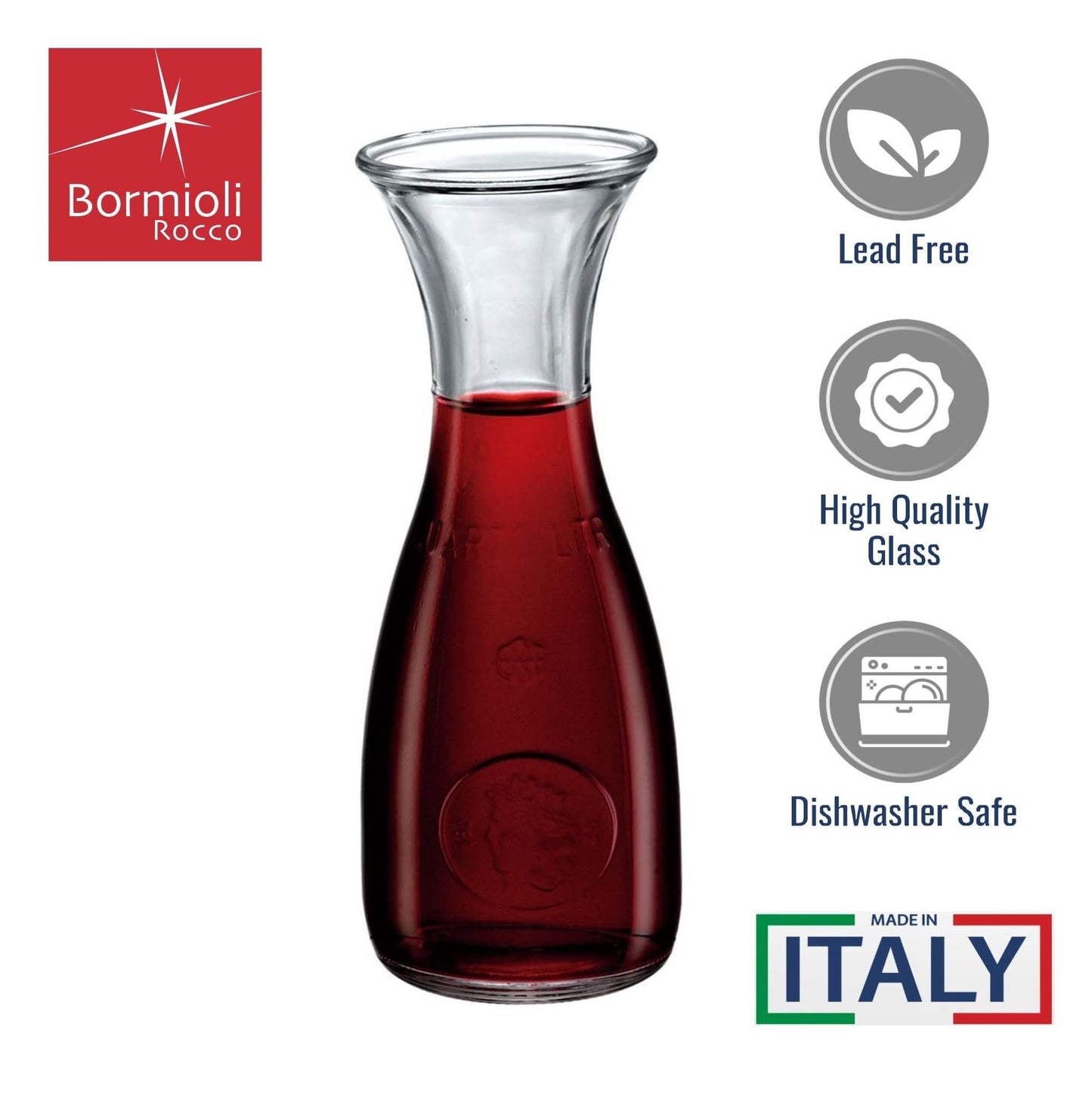Bormioli Rocco Misura PZ Wine Carafe. Wide Mouth Clear Glass Pitcher For Water, Juice, Milk, Coffee, Iced Tea Elegant Bistro Style Decanter With Authenticity Stamp Made In Italy