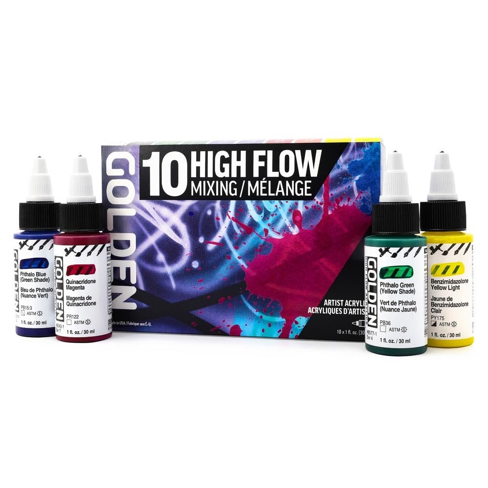 High Flow Acrylics by GOLDEN, High Flow Mixing Set, 10 Colors, Professional Acrylic Paint
