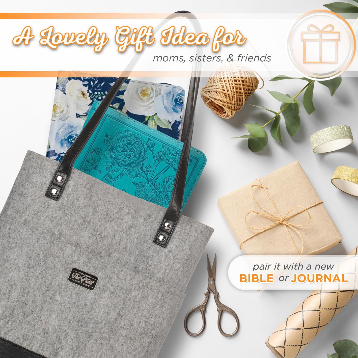 Christian Art Gifts Felt and Faux Leather Fashion Bible Cover Tote Bag with Inspirational Scripture, One Size