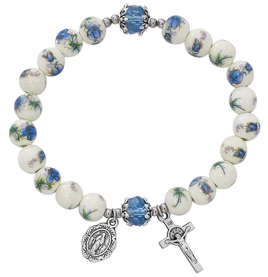 Blue Ceramic Stretch Rosary Bracelet With Miraculous Medal and Crucifix