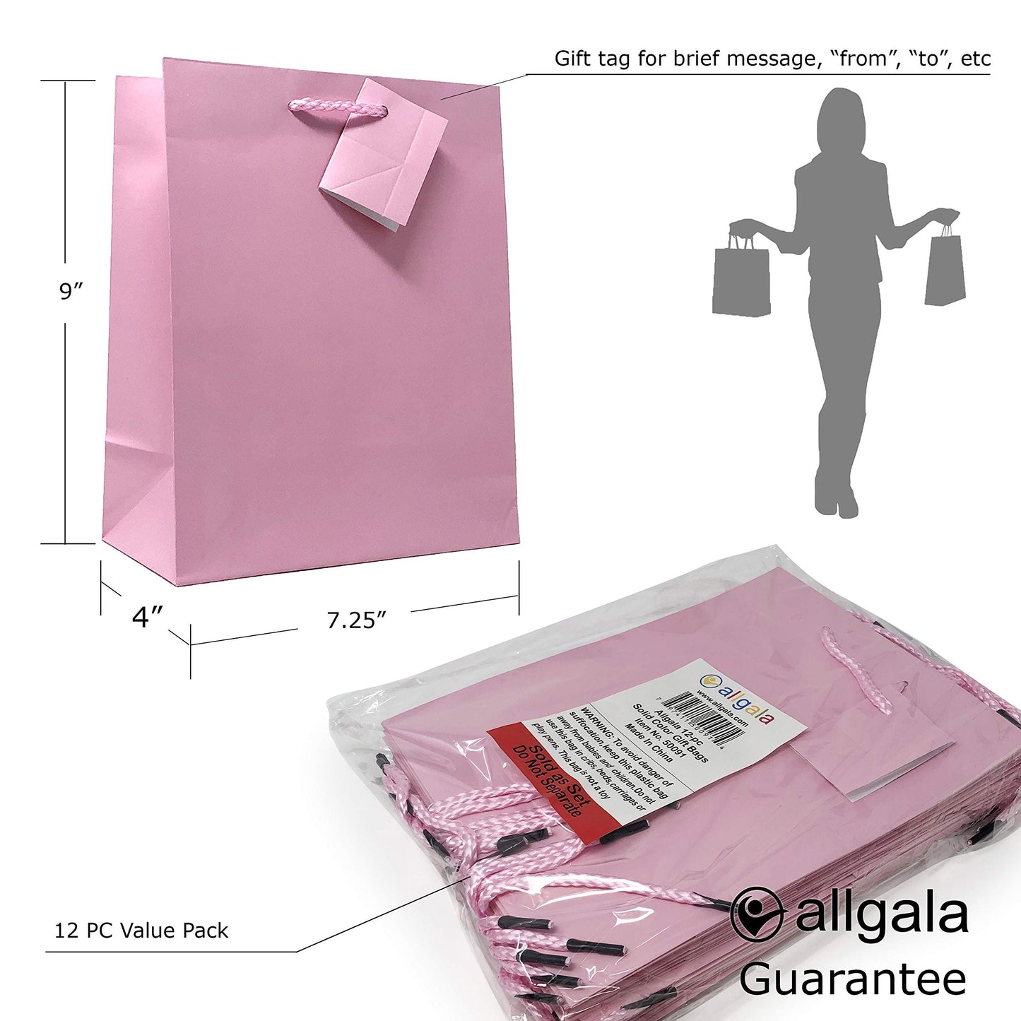 allgala 12PK Value Premium Solid Color Paper Gift Bags