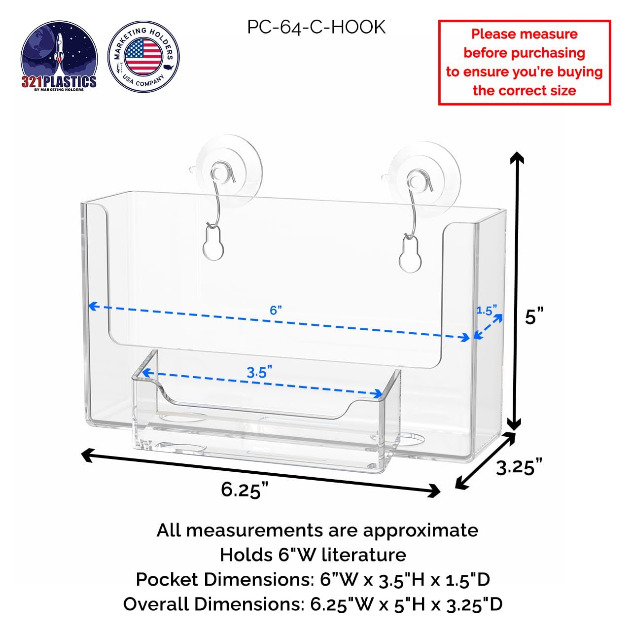 Postcard Holder with Suction Cup Hooks Window Mount Holds 6 Inch Wide Advertisements and 3.5" x 2" Business Cards Clear Acrylic Organizer for Tradeshows Expos and Conventions by Marketing Holders