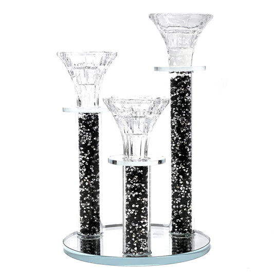 Allgala 9 Inch Tall 3-Pillar Filled with Diamond Like Stone Filled Crystal Candlesticks with Mirror Base