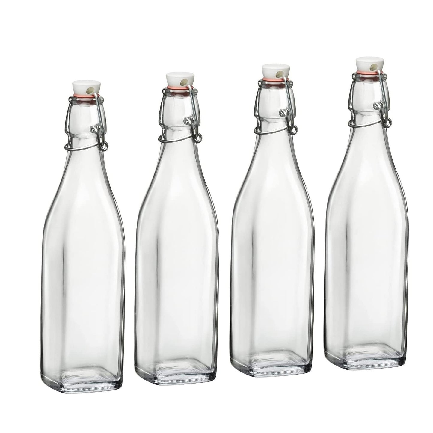 Bormioli Rocco Swing Top Glass Bottle (Set of 4) - Reusable Container with Secure Metal Clasp, Ideal for Homemade Juices, Oil Infusions, Condiments, Mixers - Everyday Drinking Glasses