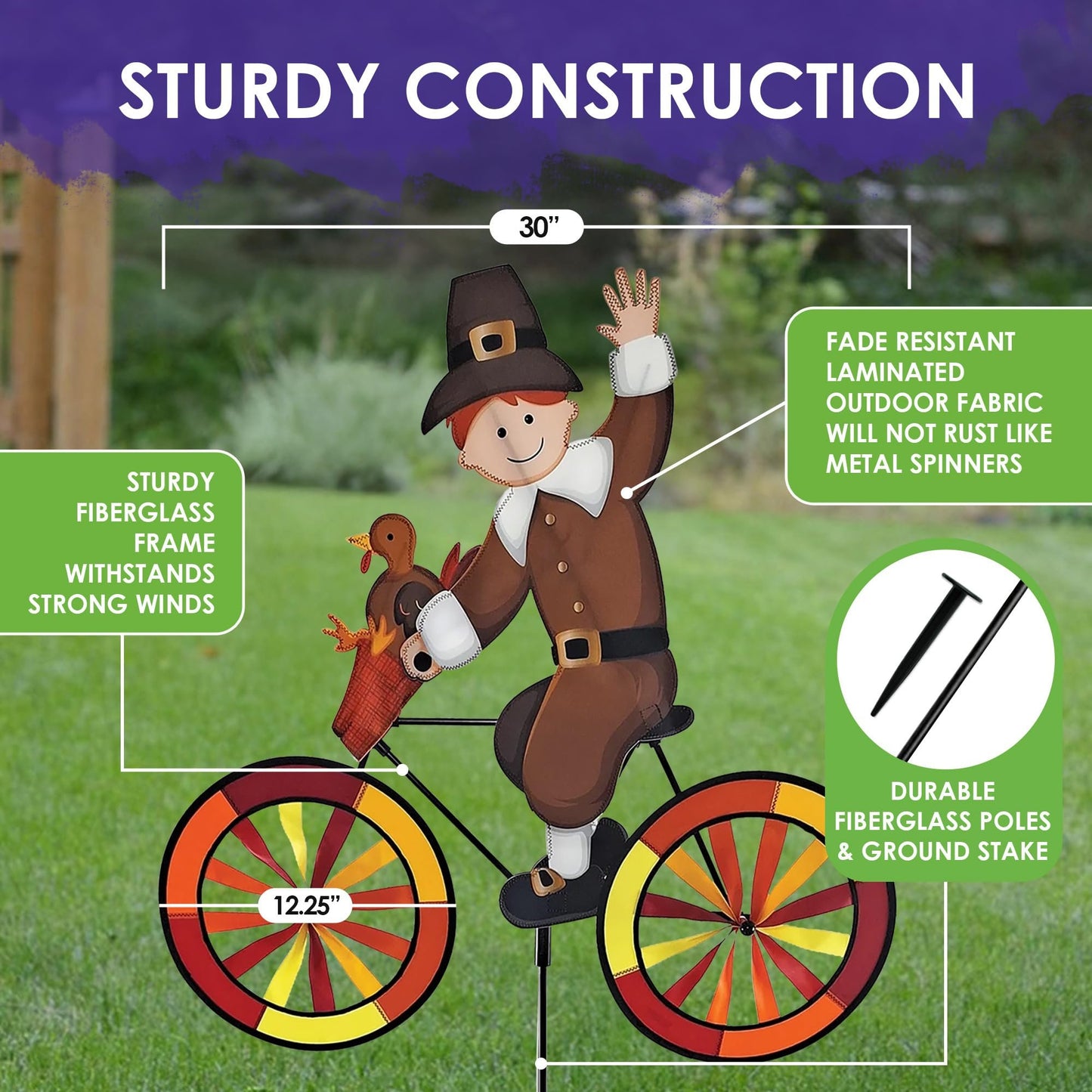 Bike Spinner Pilgrim 30" – Thanksgiving Harvest Design, Weather-Resistant Outdoor Decor, Durable & Lightweight for Patios, Yards, and Gardens - Eye-Catching Wind Spinner with Rotating Wheels