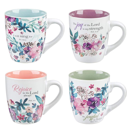 Christian Art Gifts Ceramic Coffee or Tea Mug Set for Women, Rejoice Watercolor Flowers Design Bible Verse Mug Set, Boxed Set of 4 Coffee Cups