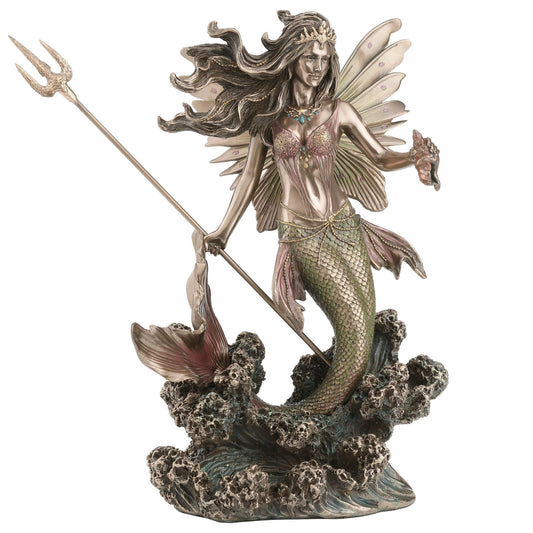 Veronese Design 9 1/8 Inch Queen Mermaid Fairy Holding Trident Cold Cast Resin Bronze Finish Sculpture