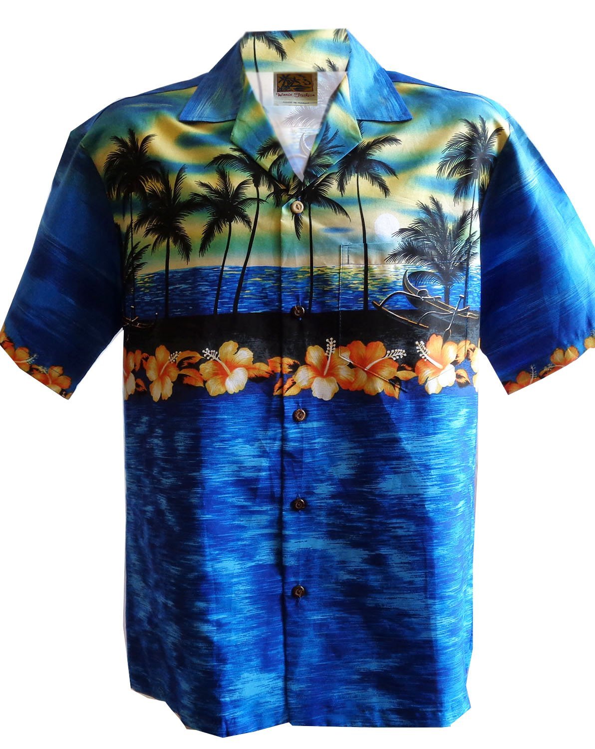 WinnieFashion (Sunset) Hawaiian Aloha (100% Cotton) Shirt in Blue (L)