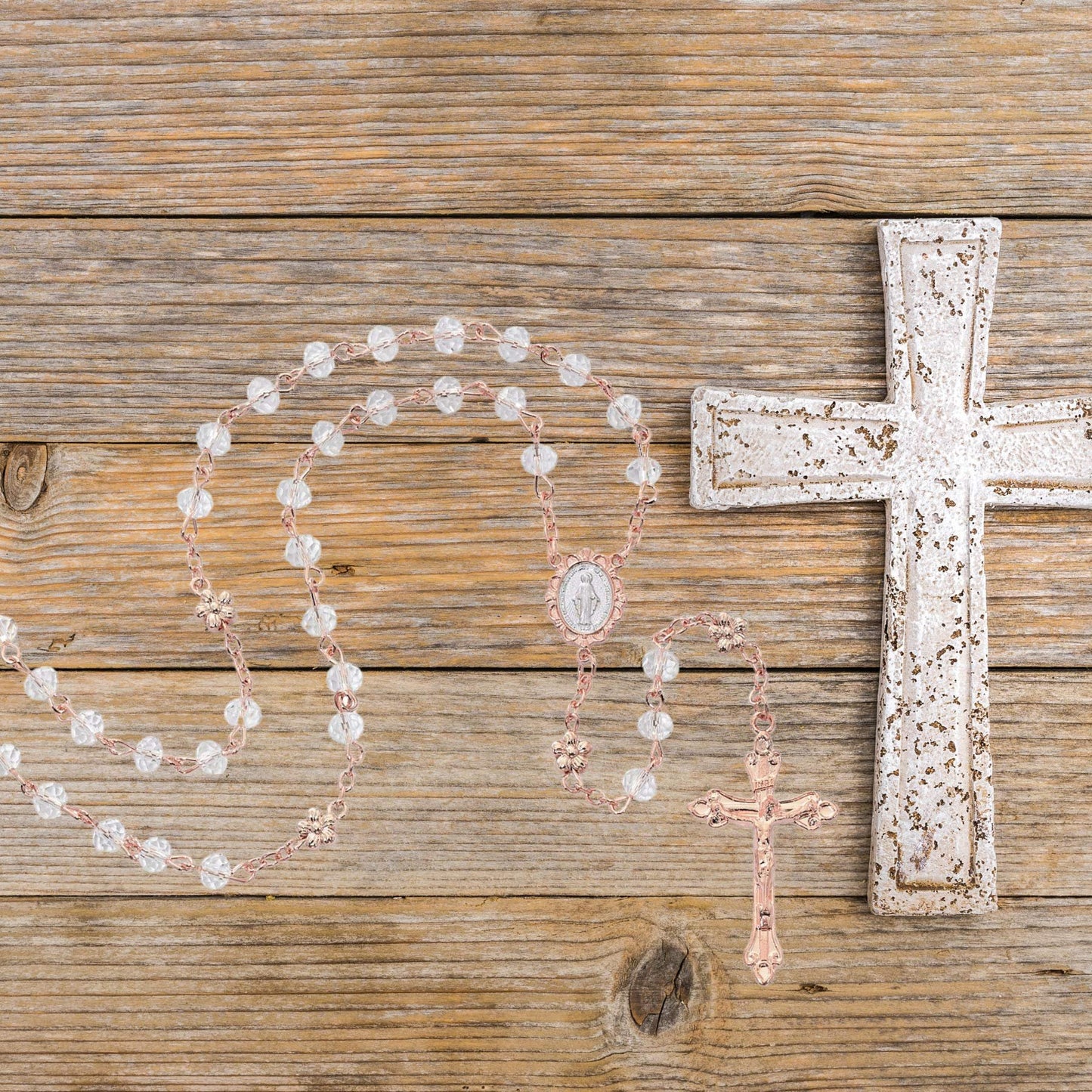 McVan Rose Gold Toned Catholic Rosary with Miraculous Medal Centerpiece, Religious Gift for Girls