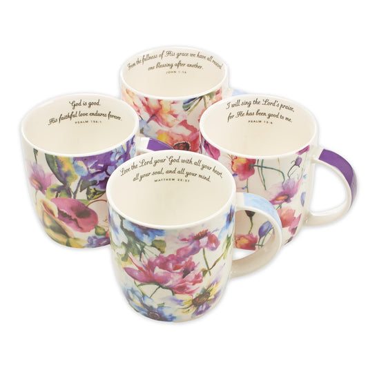 Christian Art Gifts Ceramic Coffee or Tea Mug Set for Women, Seeds of Love Garden Blooms Design Bible Verse Mug Set, Boxed Set of 4 Coffee Cups