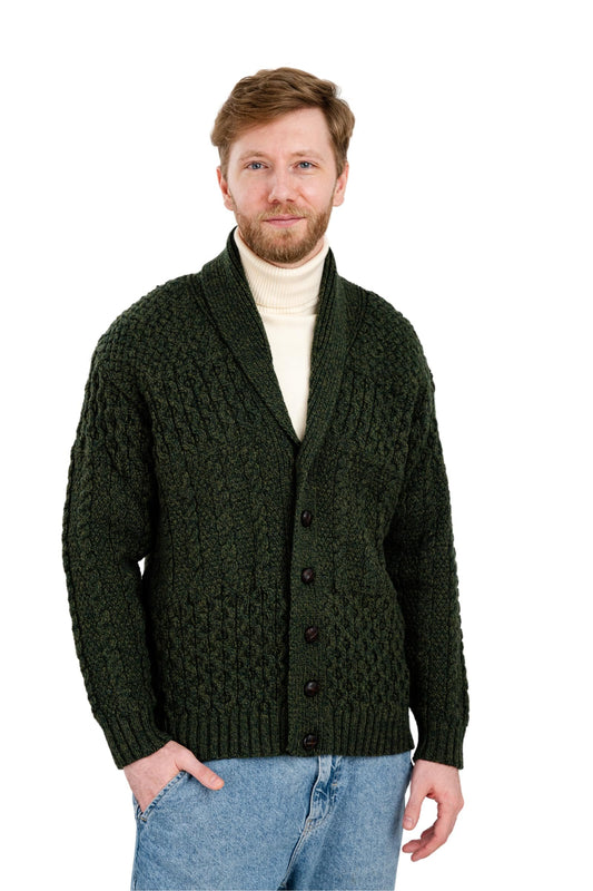 SAOL Men's Cardigan Merino Wool Knit Shawl Collar Casual Sweater with Buttons