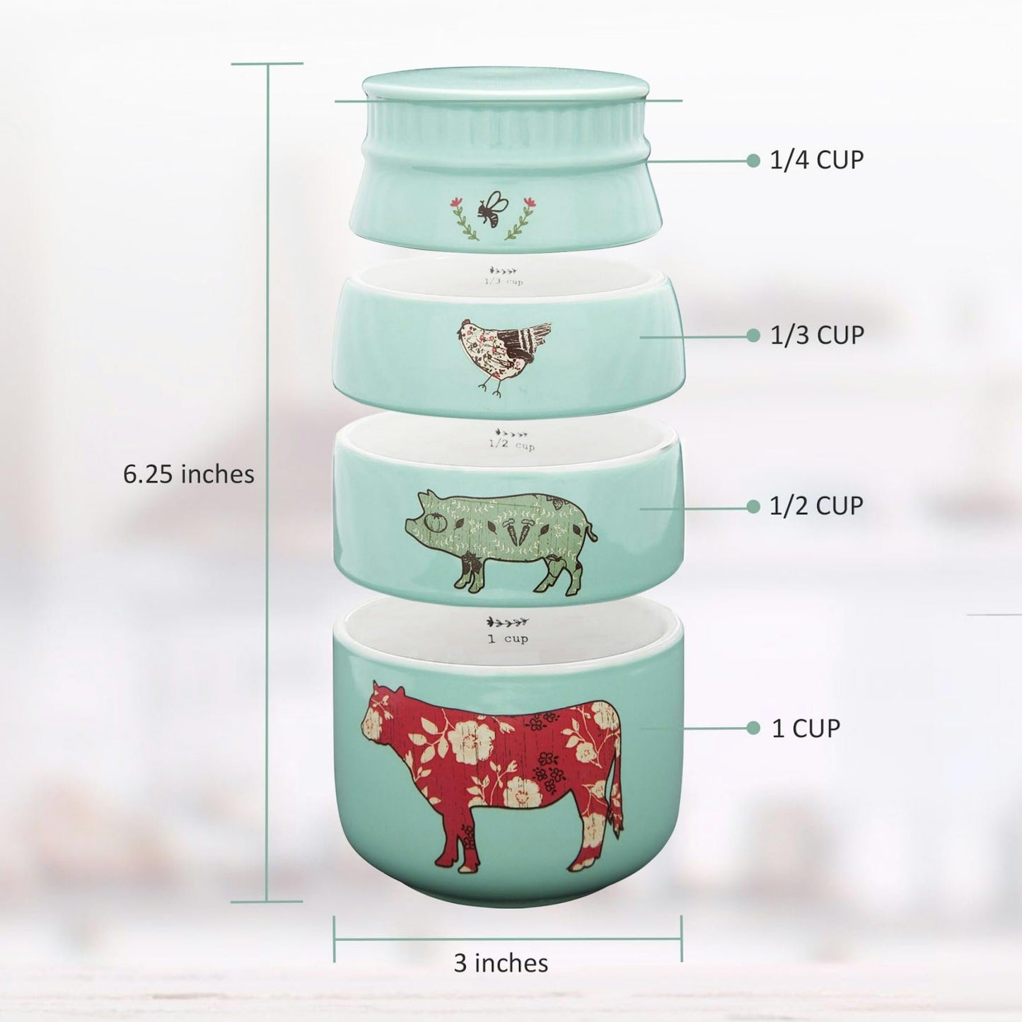 Pavilion Gift Company Live Simply Bee Chicken Pig and Cow Measuring Cups, Teal