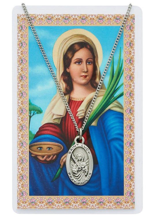 Saint Lucy 7/8-inch Pewter Medal Pendant Necklace with Holy Prayer Card
