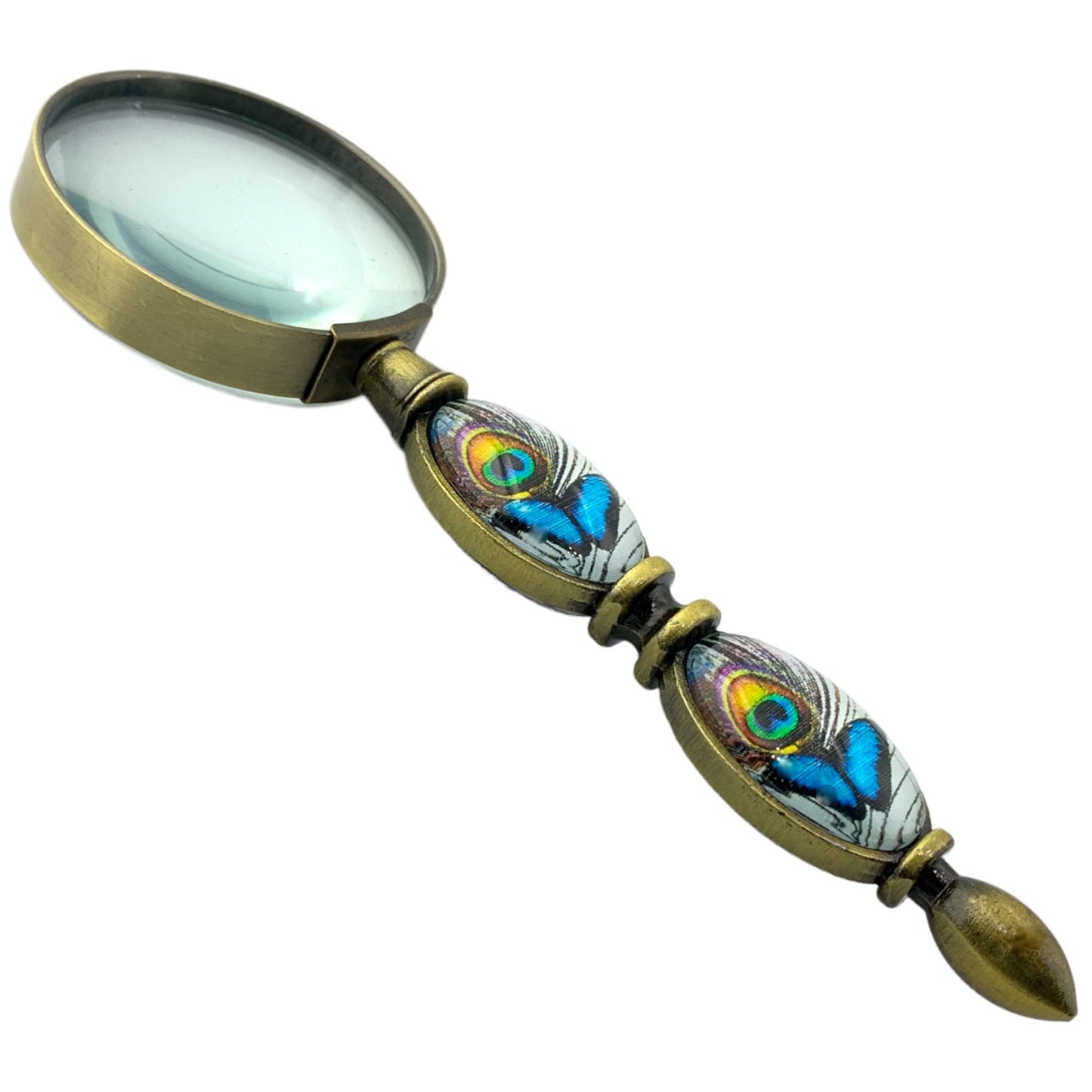 Value Arts Blue Butterfly and Peacock Feather Magnifying Glass, Brass and Glass, 6 Inches Long