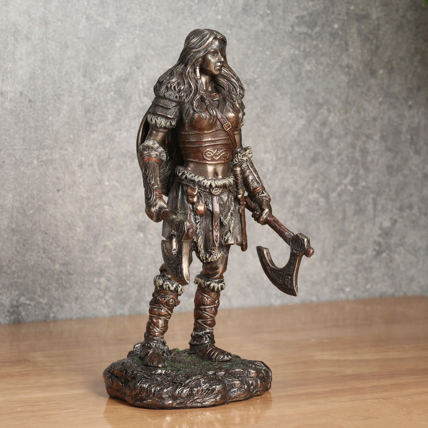 Veronese Design 6 1/8 Viking Twin Axes Berserker Female Resin Sculpture Cold Cast Bronze Finish