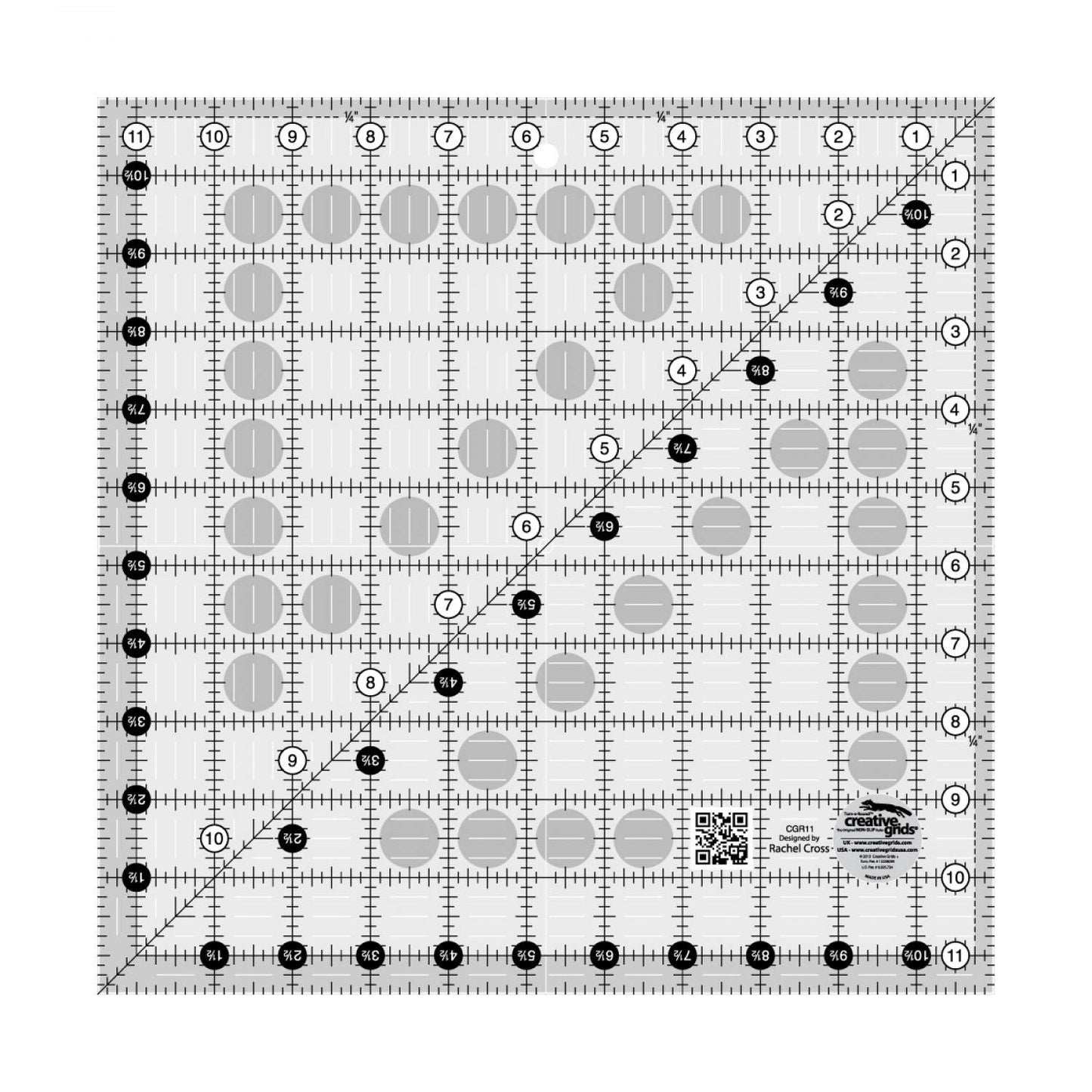 Creative Grids Quilt Ruler 11-1/2in x 11-1/2in Square – CGR11 – Made in USA, Non-Slip Grip Acrylic Quilting, Sewing, Crafting, Patchwork Ruler for Measuring & Cutting Fabric