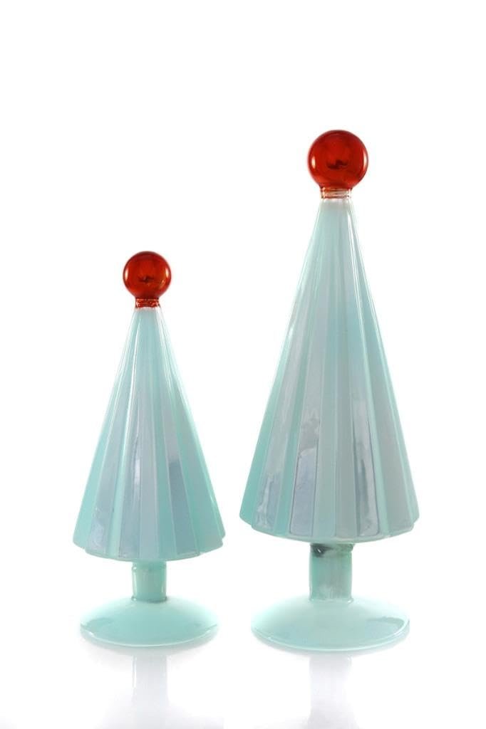 Cody Foster & Co 6"-8" Tall Aqua Pleated Glass Christmas Tree with Red Top Set of 2