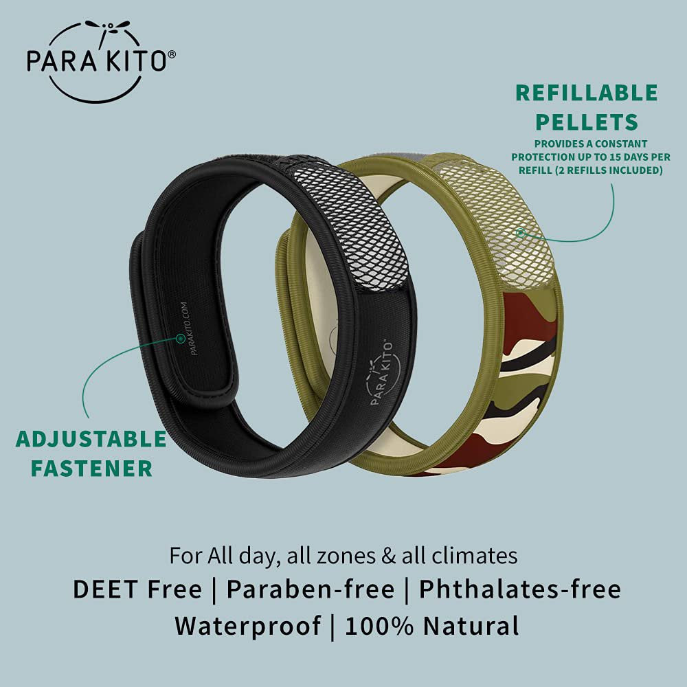 PARA'KITO Mosquito Repellent Bracelets + Refill Pellets Bundle | w/Peppermint Oil, Essential Oils | Hiking & Camping Accessories | Paraben Free, DEET Free - 2 Wristbands & 2 Refills
