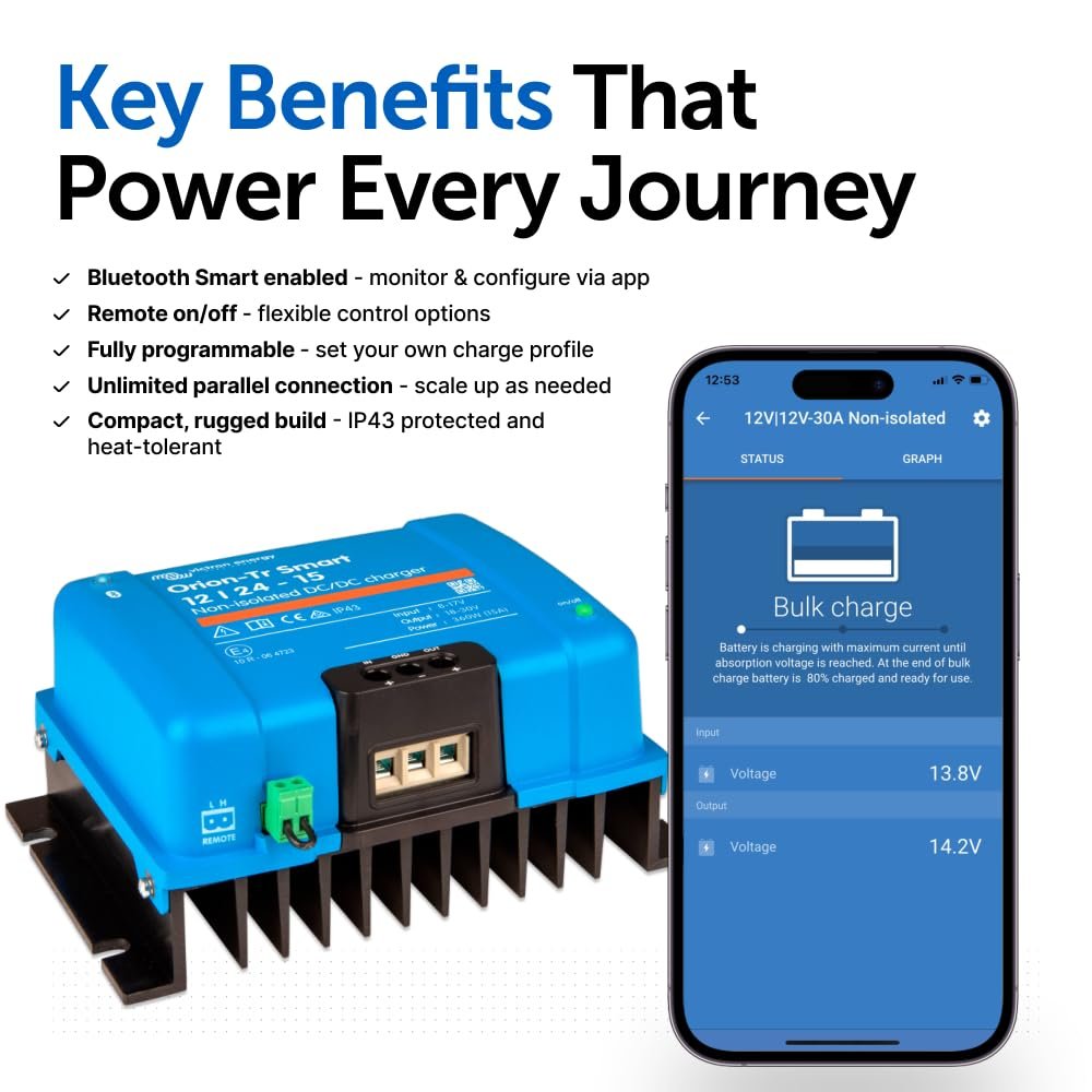 Victron Energy Orion-Tr Smart DC to DC Charger (Bluetooth) - 12/24-Volt 15 amp 360-Watt - Battery Charger for Dual Battery Systems - Non-Isolated
