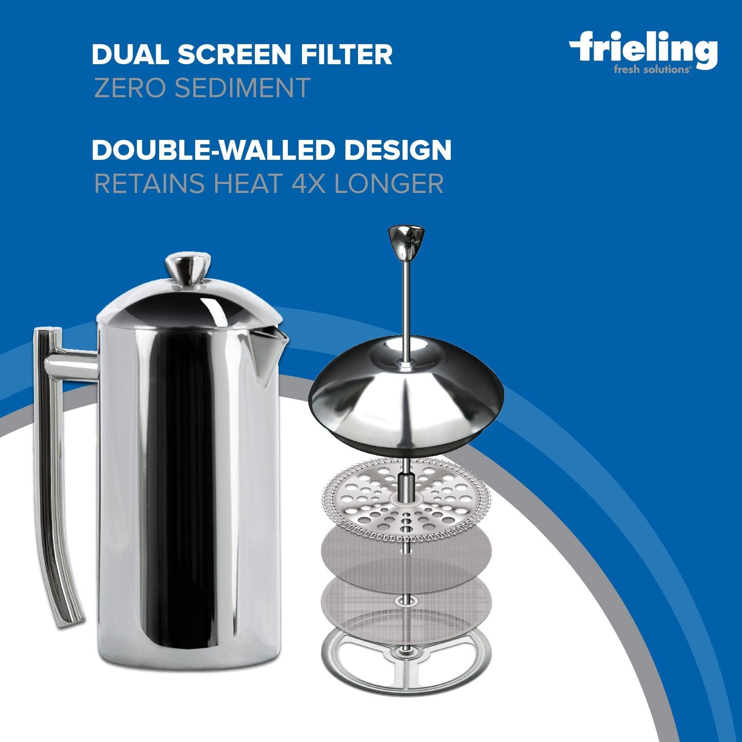 Frieling USA Double Wall Stainless Steel French Press Coffee Maker with Zero Sediment Dual Screen