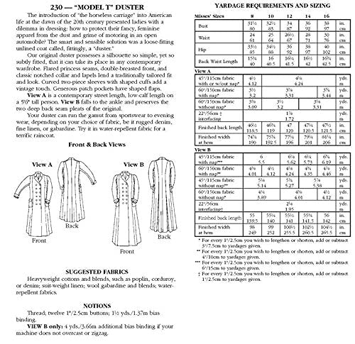 Folkwear Model T Duster #230 Driving Coat Jacket Princess Seam Duster Ladies Traditional Sewing Pattern (Pattern Only) folkwear230