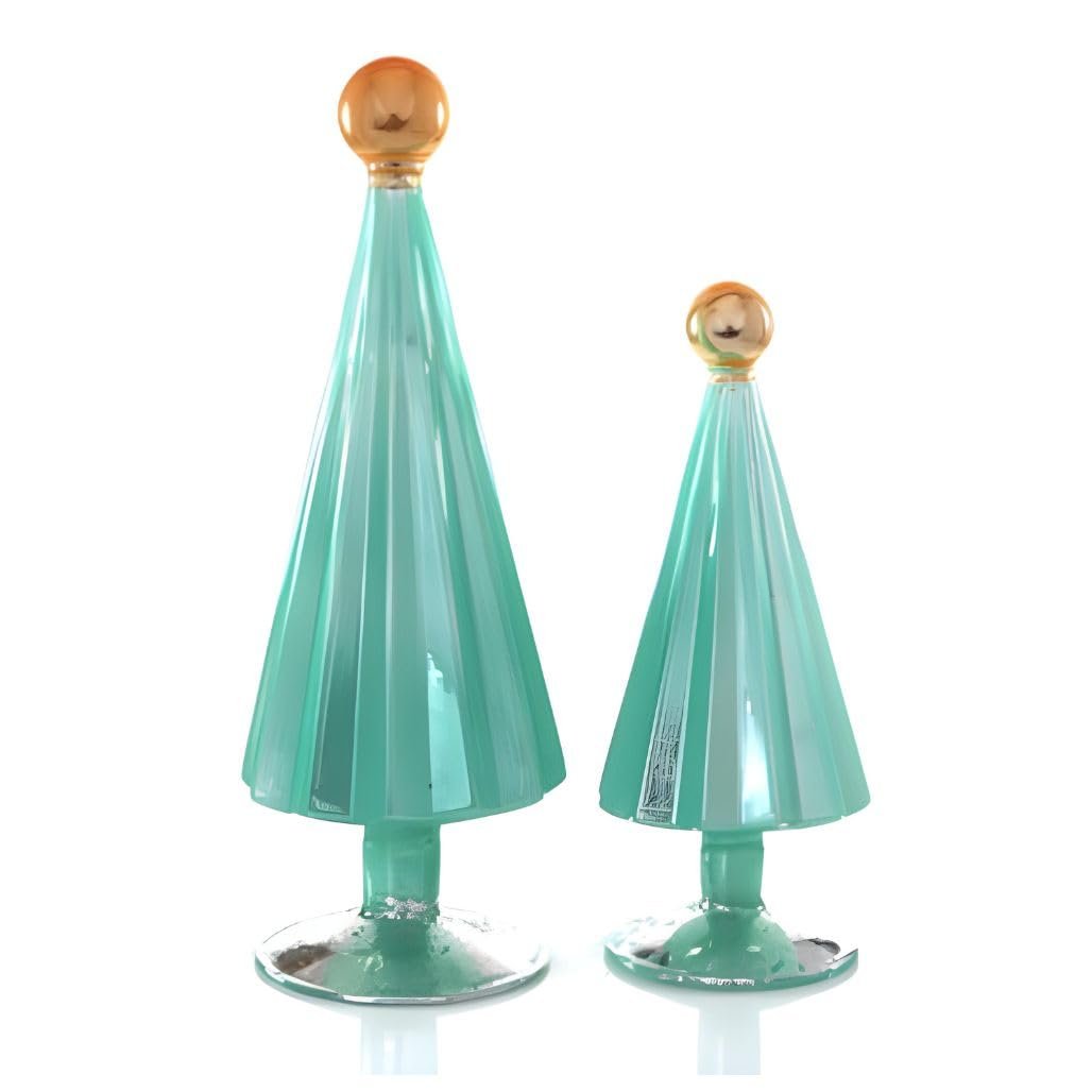 Cody Foster & Co Pleated Tree Small Moss Aqua Set of 2, Hand-Blown Glass Christmas Trees, Aqua with Gold Orb