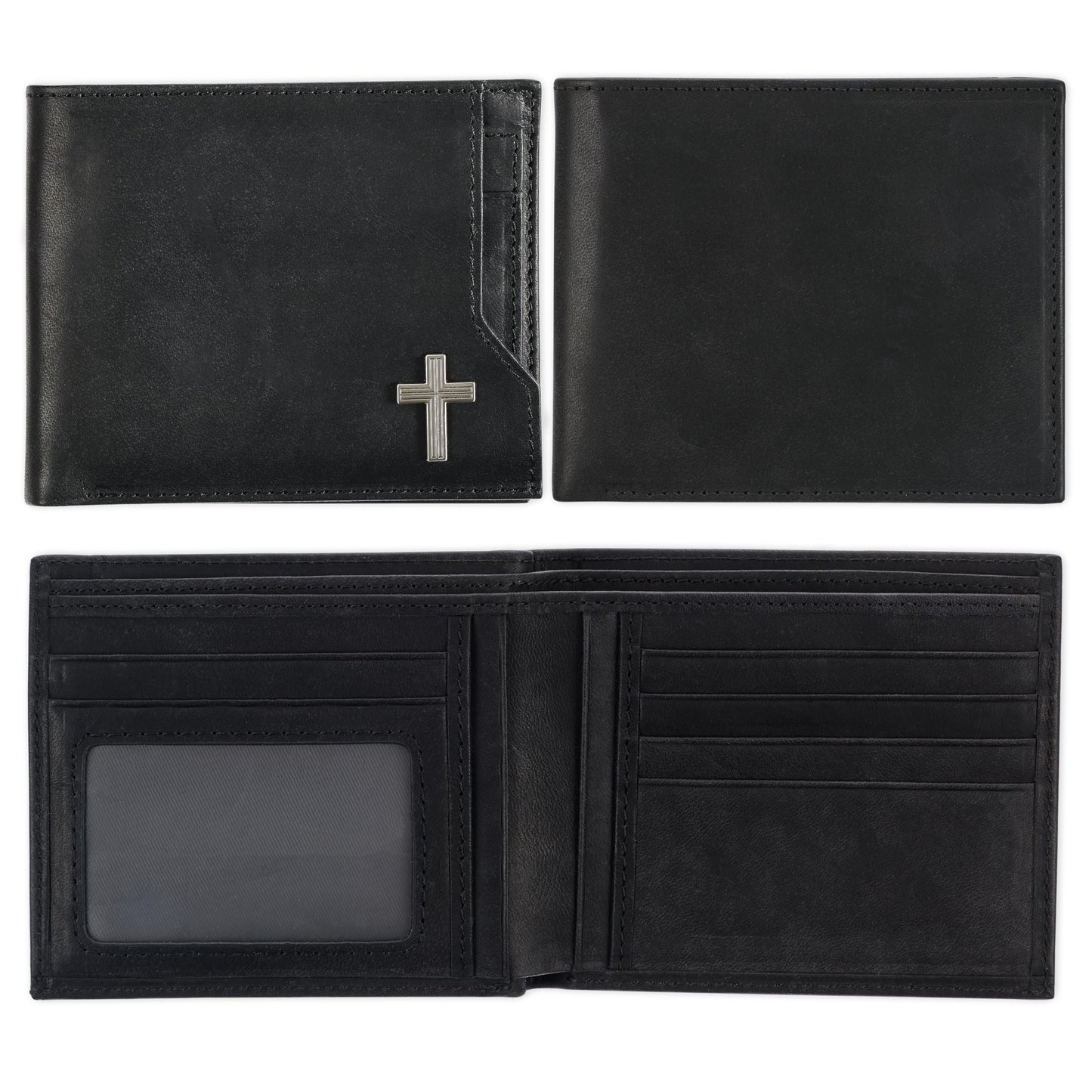 Christian Art Gifts Genuine Premium Full Grain Leather RFID Blocking Silver Engraved Cross Wallet for Men: Multi Pocket Billfold w/Removable ID Window Accessory for Credit Cards, Bills, Photos, Black