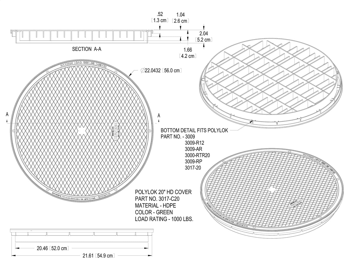 Polylok 20" Heavy Duty Flat Cover/Lid (PN: 3017-C20)