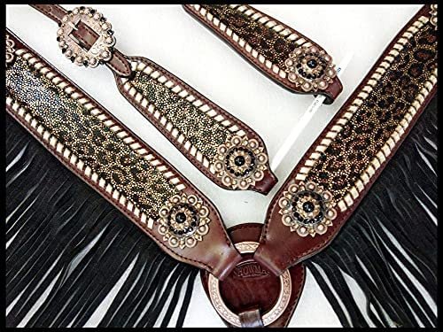 Showman Leather Headstall & Breast Collar Set w/Cheetah Print & Fringe