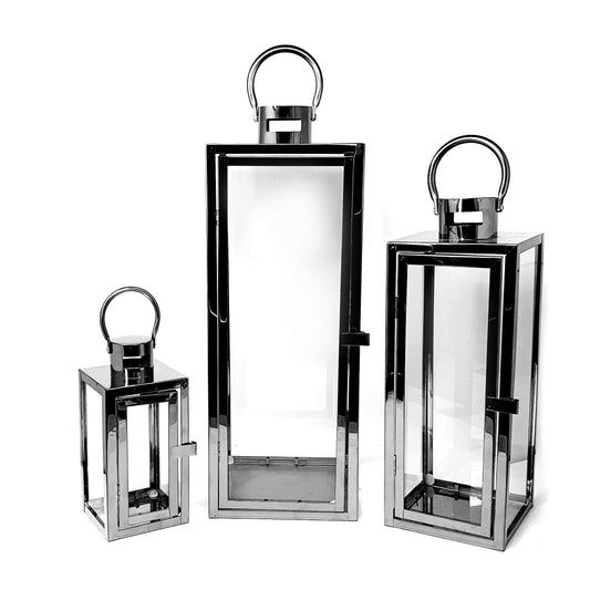 Allgala Lantern Set 3-PC Jumbo Deluxe Modern Indoor/Outdoor Candle Lantern Set with Chrome Plated Structure and Tempered Glass for Garden Poolside Fireplace Wedding