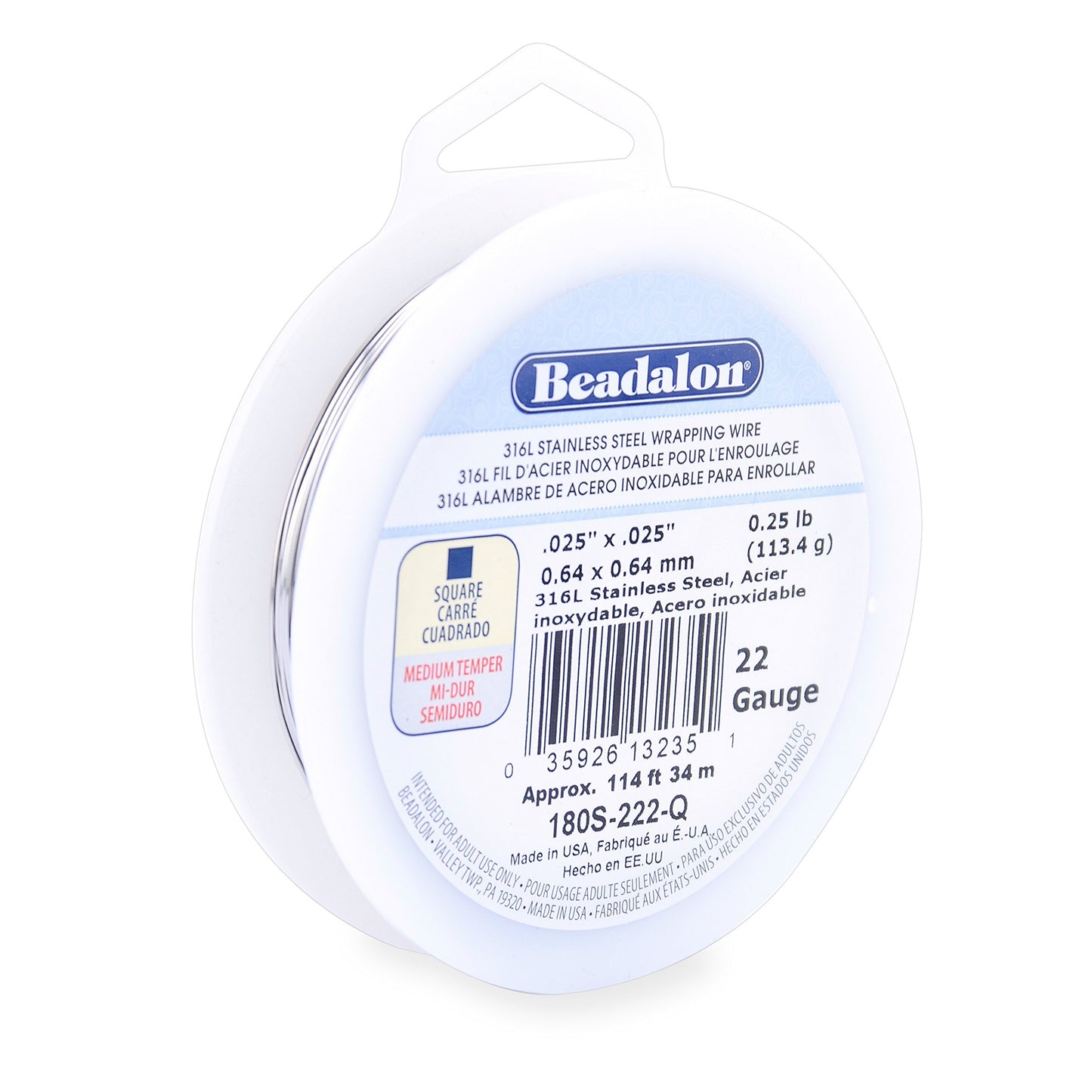 Beadalon 316L Stainless Steel Wrapping Wire, Square, 22 Gauge, 114 feet, 1/4 Pound