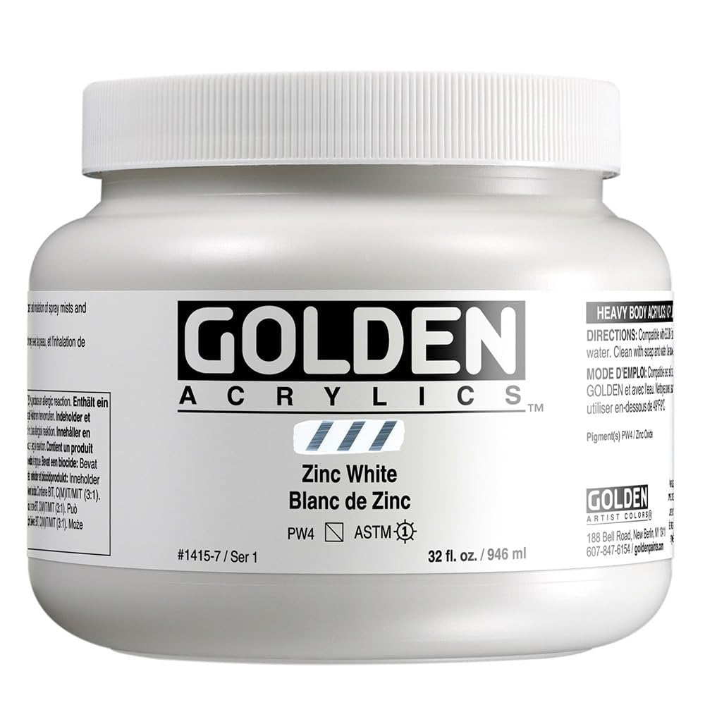 Heavy Body Acrylics by GOLDEN, Zinc White, 32 fl. oz. Jar, Professional Acrylic Paint, Semi-Transparent