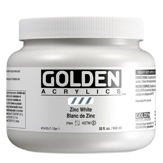 Heavy Body Acrylics by GOLDEN, Zinc White, 32 fl. oz. Jar, Professional Acrylic Paint, Semi-Transparent