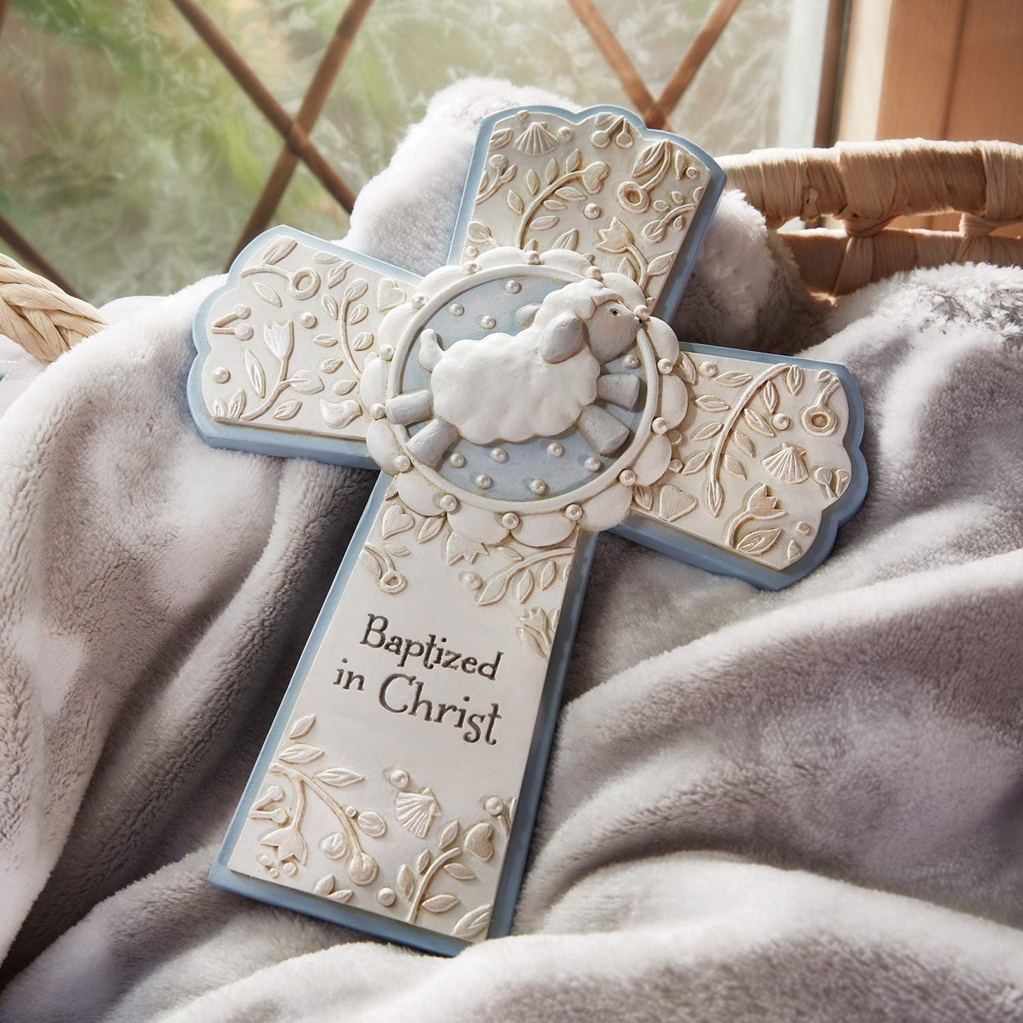 CB Catholic Creative Brands Faithworks - Baptized In Christ Hanging Resin Wall Cross, 6 x 8-Inch, Blue