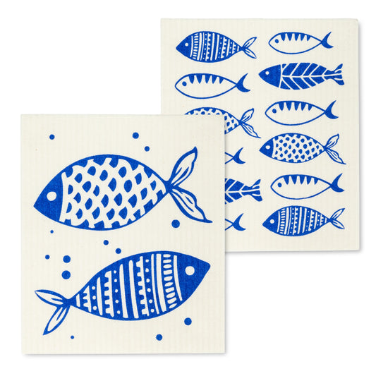 Abbott Collection 84-ASD-AB-35 S/2 Fish Dish Cloth, 6.5x8 inches L, Ivory and Blue, 2 Piece