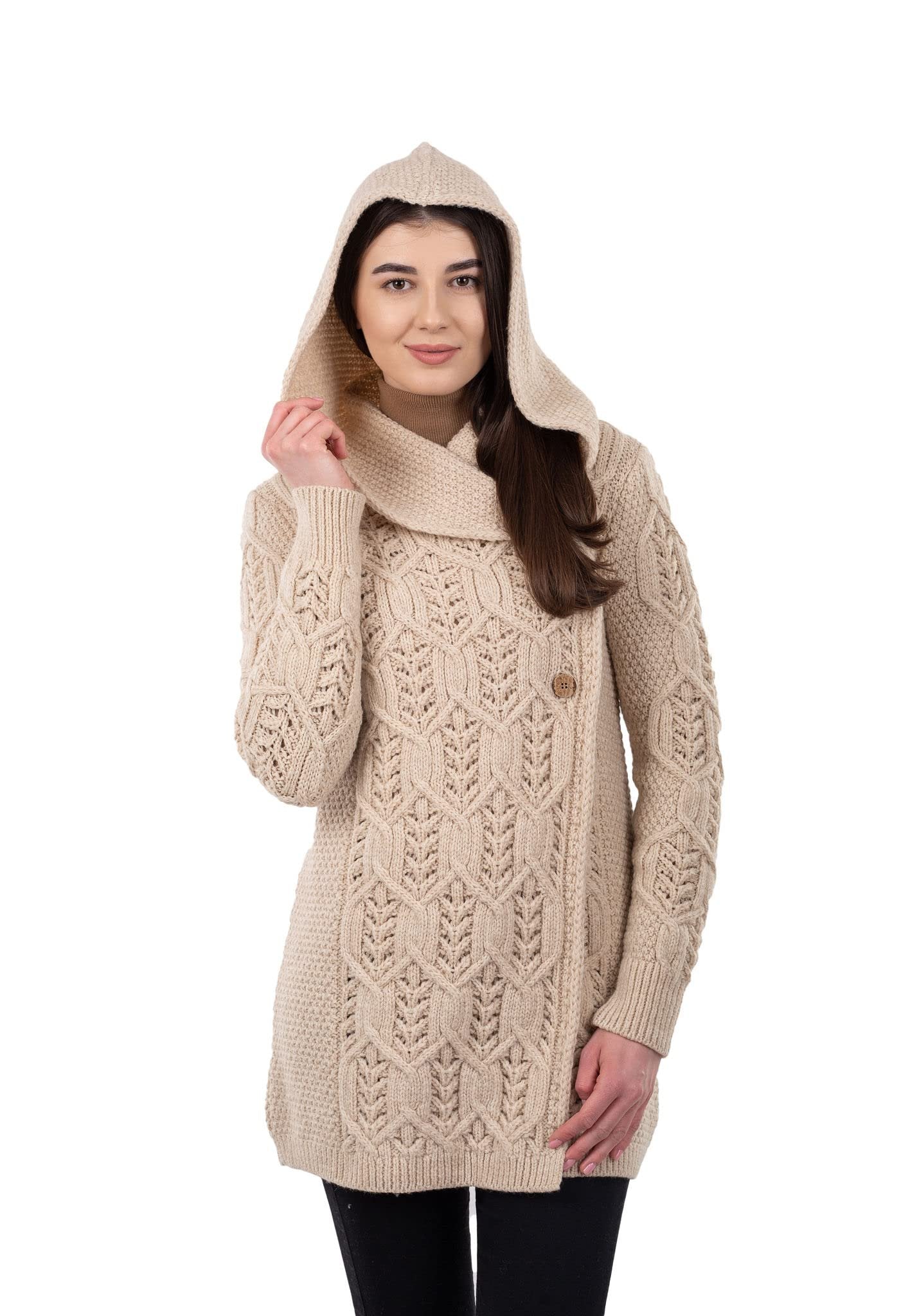 SAOL 100% Merino Wool Women Cardigan Butonned with Hood Aran Leaf Coat Made in Ireland