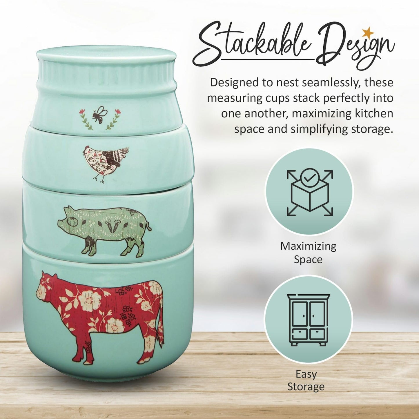 Pavilion Gift Company Live Simply Bee Chicken Pig and Cow Measuring Cups, Teal
