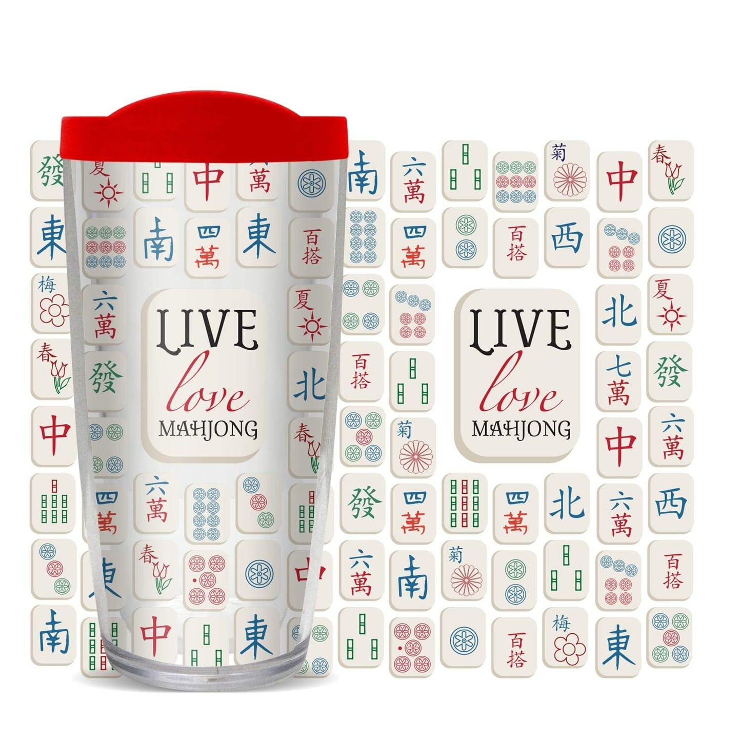 Live Love Mahjong 16 ounce Thermal Insulated Travel Mug Tumbler With Red Lid
